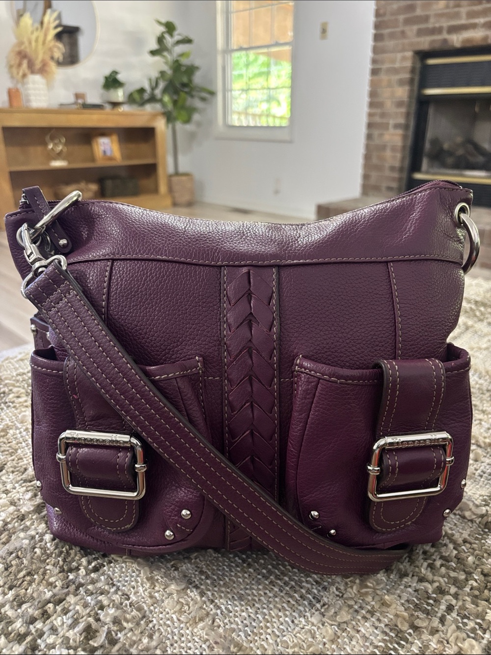 Tignanello Purple Crossbody Leather Bohemian Shoulder Bag - Picture 2 of 13